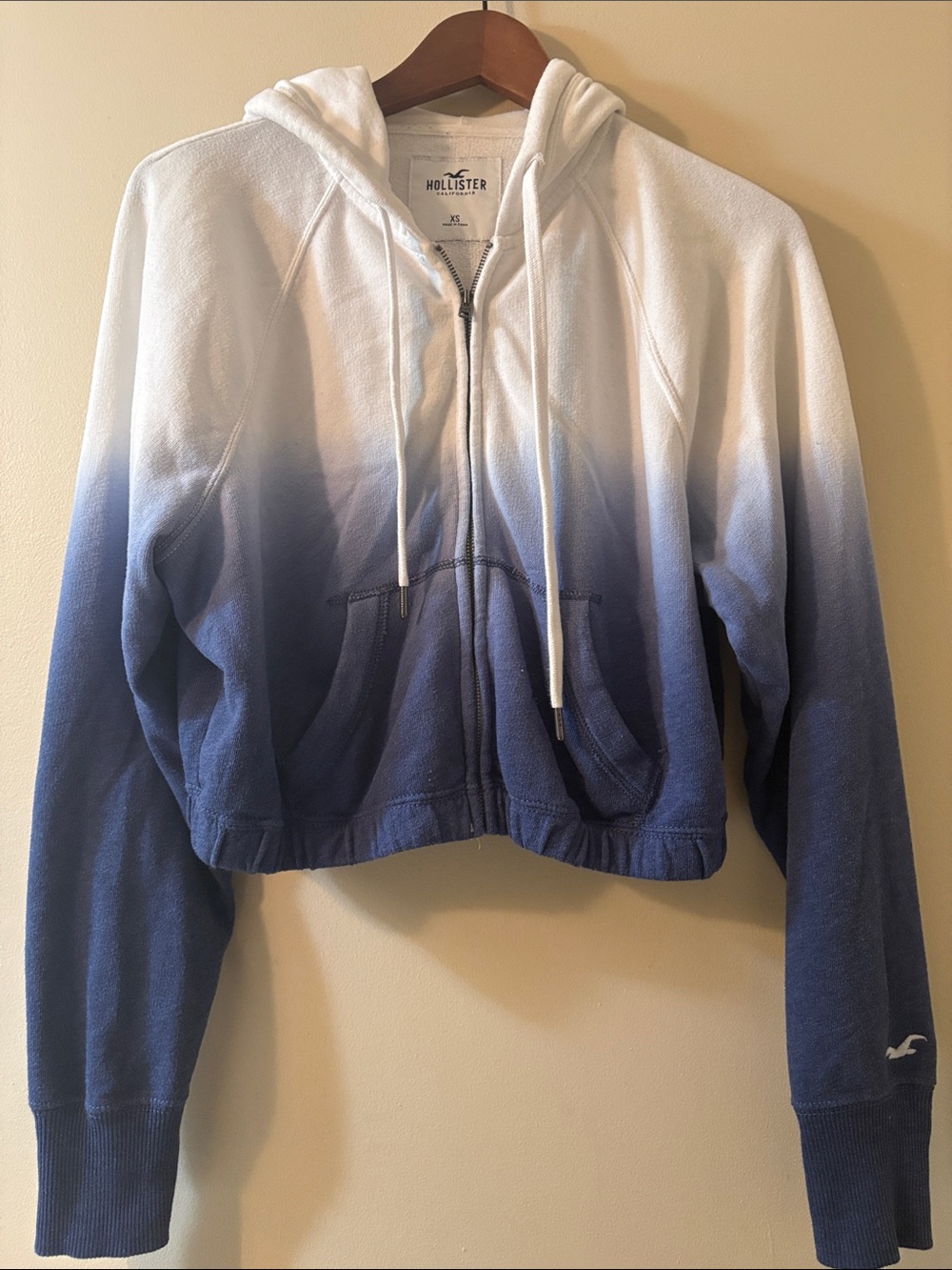 Hollister White Navy Ombre Crop Full Zip Hoodie Sweatshirt Women’s Size XS